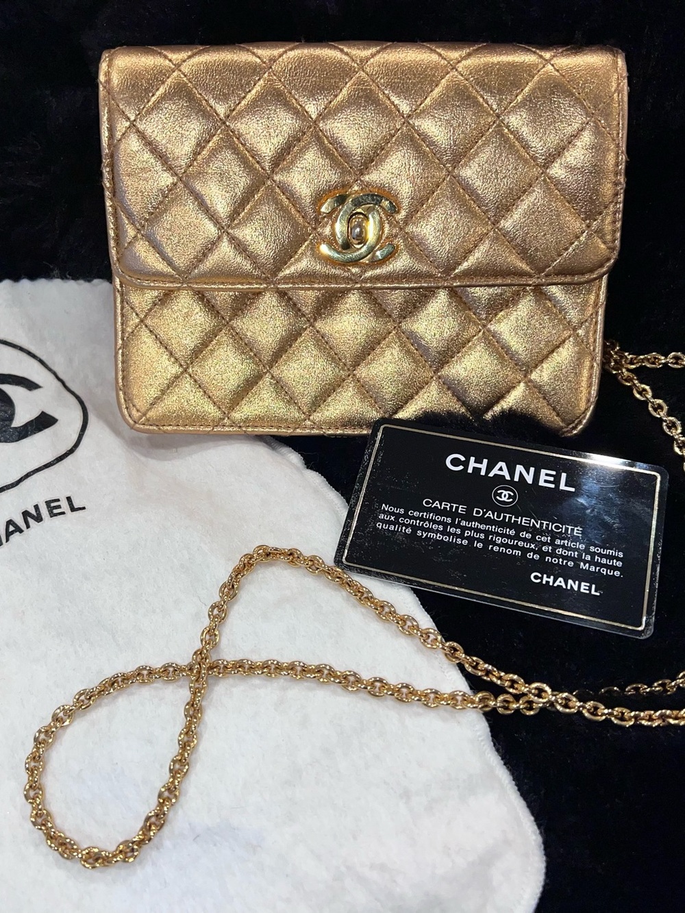 CHANEL Metallic Gold Quilted Mini Shoulder Bag